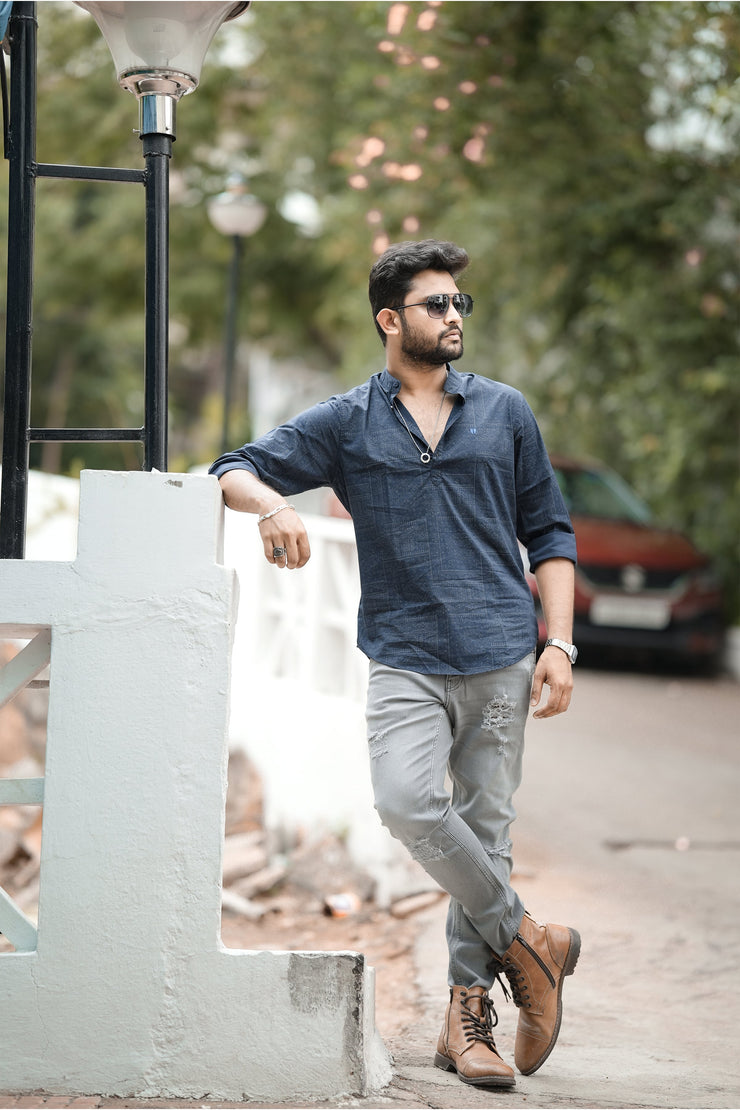 Pop Short Kurta - Navy Blue