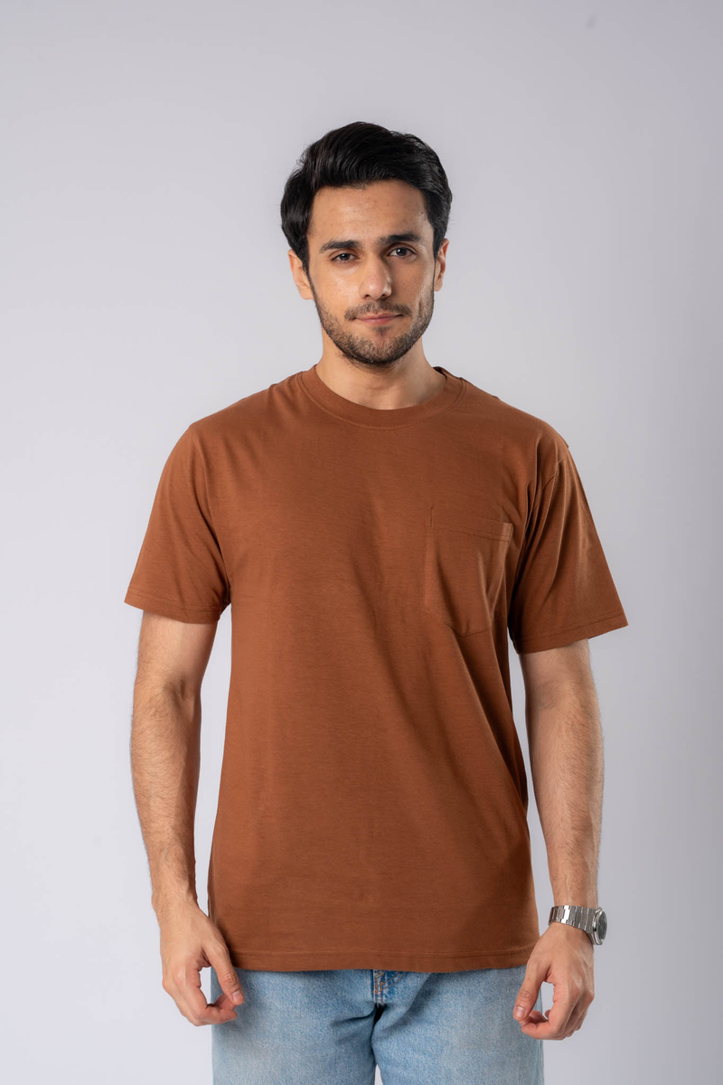 Round Neck Slim Fit Tee - Brown