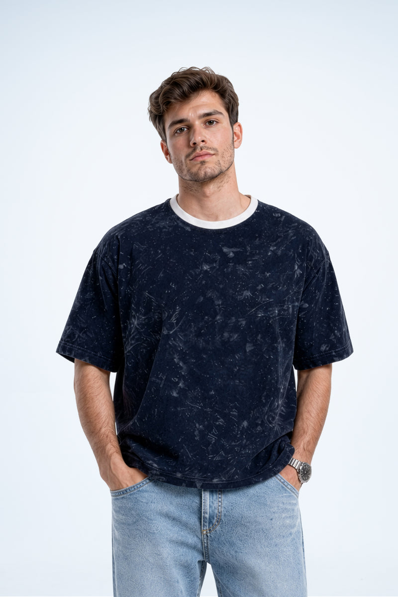 Navy Blue Acid Wash Ringer T-Shirt